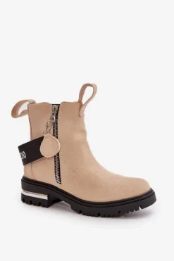 Damskie Boto Ocieplane Botki Damskie Z Suwakiem Beżowe Calvaro