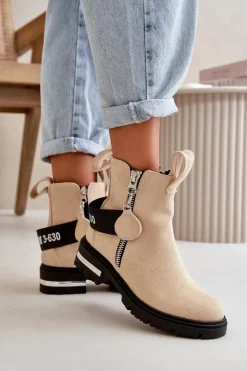 Damskie Boto Ocieplane Botki Damskie Z Suwakiem Beżowe Calvaro