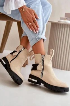 Damskie Boto Ocieplane Botki Damskie Z Suwakiem Beżowe Calvaro