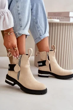 Damskie Boto Ocieplane Botki Damskie Z Suwakiem Beżowe Calvaro