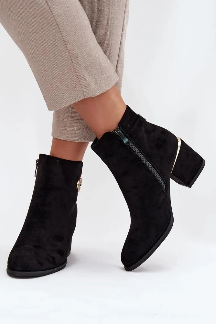 Discount Boto Ocieplane Botki Damskie Ze Złotymi Detalami Na Słupku Czarne Dorisse Czarny