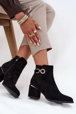 Discount Boto Ocieplane Botki Damskie Ze Złotymi Detalami Na Słupku Czarne Dorisse Czarny