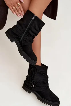 Damskie Boto Ocieplane Botki Damskie Z Frędzlami I Klarami Na Płaskim Obcasie Czarne Helianne