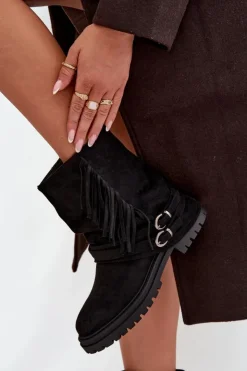 Damskie Boto Ocieplane Botki Damskie Z Frędzlami I Klarami Na Płaskim Obcasie Czarne Helianne