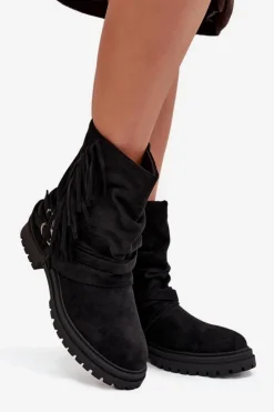 Damskie Boto Ocieplane Botki Damskie Z Frędzlami I Klarami Na Płaskim Obcasie Czarne Helianne