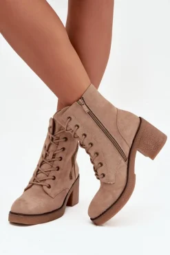 Damskie Boto Ocieplane Botki Damskie Ze Sznurowaniem I Suwakami Beżowe Paressa