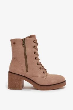 Damskie Boto Ocieplane Botki Damskie Ze Sznurowaniem I Suwakami Beżowe Paressa