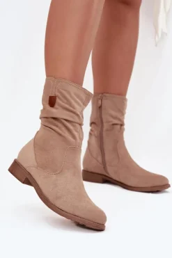 Boto Ocieplane Botki Damskie Z Marszczoną Cholewką Na Płaskim Obcasie Beżowe Krisia