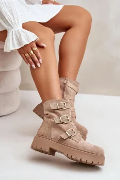 Damskie Boto Ocieplane Botki Damskie Z Klamrami Beżowe Tiaeliana