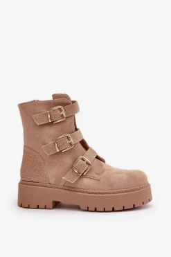 Damskie Boto Ocieplane Botki Damskie Z Klamrami Beżowe Tiaeliana
