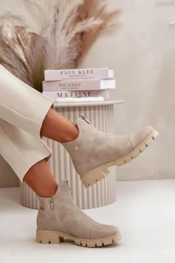 Damskie Boto Ocieplane Botki Damskie Z Przetarciami Eko Skórzane Złote Verietta