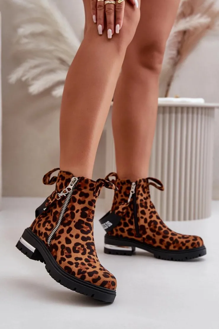 Boto Botki Zimowe Damskie|Botki Płaskie*Ocieplane Botki Damskie Z Suwakiem Panterka Brązowe Calvaro