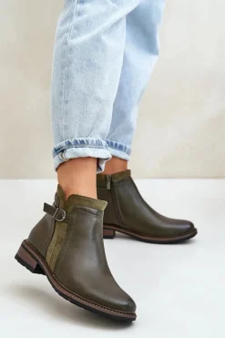 Hot Boto Ocieplane Botki Damskie Z Niską Cholewką Na Zamek Eko Skórzane Ciemnozielone Taitha