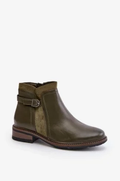 Hot Boto Ocieplane Botki Damskie Z Niską Cholewką Na Zamek Eko Skórzane Ciemnozielone Taitha