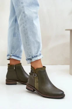 Hot Boto Ocieplane Botki Damskie Z Niską Cholewką Na Zamek Eko Skórzane Ciemnozielone Taitha