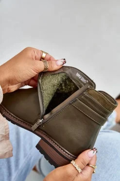 Hot Boto Ocieplane Botki Damskie Z Niską Cholewką Na Zamek Eko Skórzane Ciemnozielone Taitha