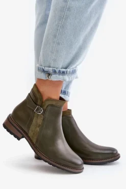 Hot Boto Ocieplane Botki Damskie Z Niską Cholewką Na Zamek Eko Skórzane Ciemnozielone Taitha