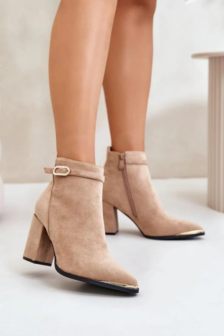 Discount Boto Ocieplane Botki Damskie Z Noskami W Szpic Na Słupku Beżowe Laoreina