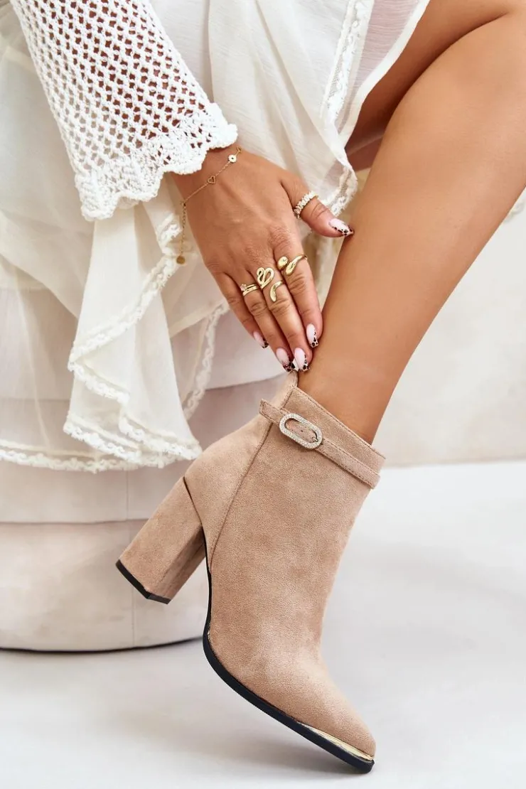 Discount Boto Ocieplane Botki Damskie Z Noskami W Szpic Na Słupku Beżowe Laoreina