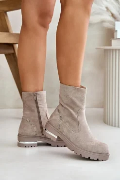 Boto Botki Wiosenne|Botki Płaskie*Ocieplane Botki Damskie Z Eko Zamszu Na Zamek Beżowe Narilie
