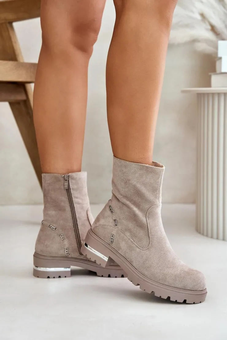 Boto Botki Wiosenne|Botki Płaskie*Ocieplane Botki Damskie Z Eko Zamszu Na Zamek Beżowe Narilie