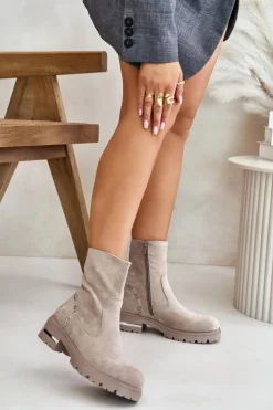 Boto Botki Wiosenne|Botki Płaskie*Ocieplane Botki Damskie Z Eko Zamszu Na Zamek Beżowe Narilie