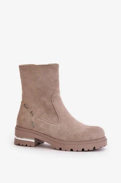 Boto Botki Wiosenne|Botki Płaskie*Ocieplane Botki Damskie Z Eko Zamszu Na Zamek Beżowe Narilie