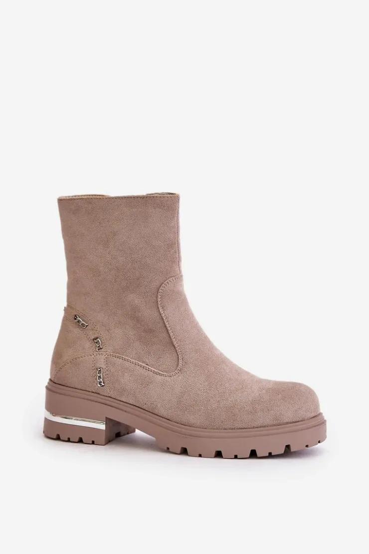 Boto Botki Wiosenne|Botki Płaskie*Ocieplane Botki Damskie Z Eko Zamszu Na Zamek Beżowe Narilie