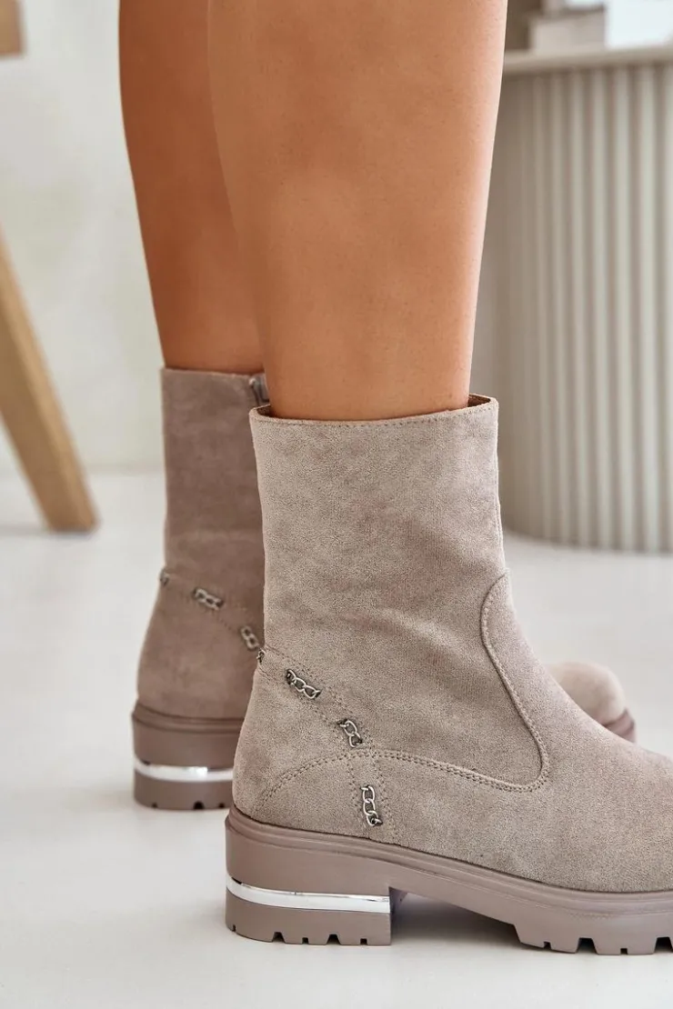 Boto Botki Wiosenne|Botki Płaskie*Ocieplane Botki Damskie Z Eko Zamszu Na Zamek Beżowe Narilie