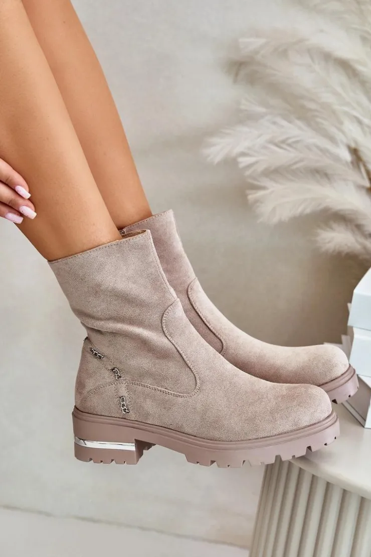 Boto Botki Wiosenne|Botki Płaskie*Ocieplane Botki Damskie Z Eko Zamszu Na Zamek Beżowe Narilie