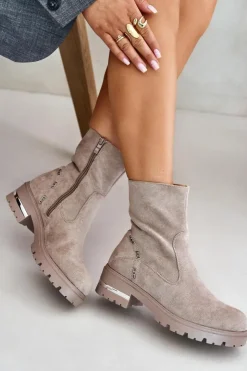 Boto Botki Wiosenne|Botki Płaskie*Ocieplane Botki Damskie Z Eko Zamszu Na Zamek Beżowe Narilie