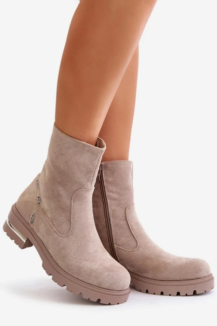 Boto Botki Wiosenne|Botki Płaskie*Ocieplane Botki Damskie Z Eko Zamszu Na Zamek Beżowe Narilie