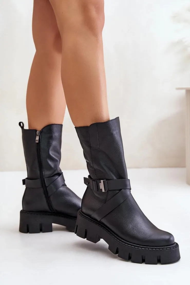 Sale Laura Messi Ocieplane Botki Damskie Ze Skóry Naturalnej 2859 Czarne