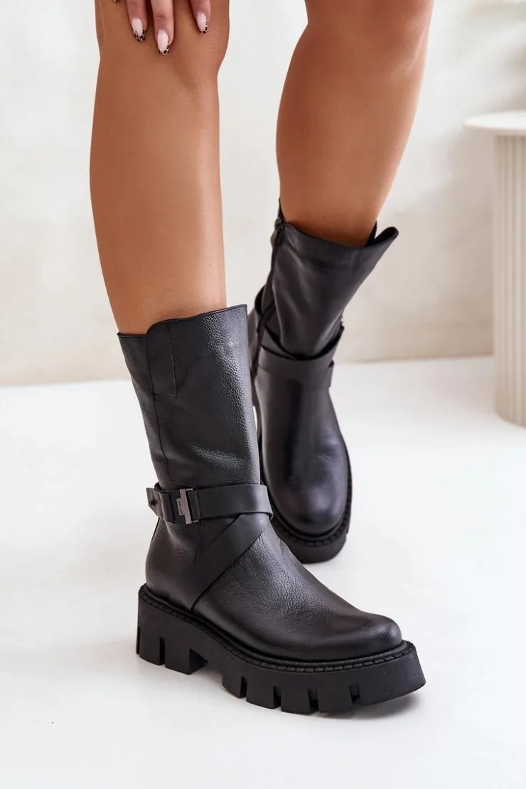 Sale Laura Messi Ocieplane Botki Damskie Ze Skóry Naturalnej 2859 Czarne