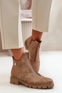 Boto Botki Ocieplane|Botki Płaskie*Ocieplane Botki Damskie Z Przetarciami Eko Skórzane Brązowo-Złote Verietta