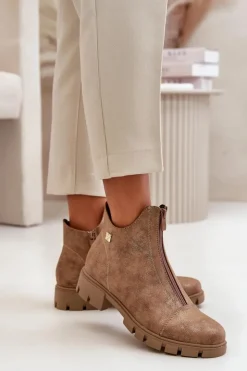 Boto Botki Ocieplane|Botki Płaskie*Ocieplane Botki Damskie Z Przetarciami Eko Skórzane Brązowo-Złote Verietta