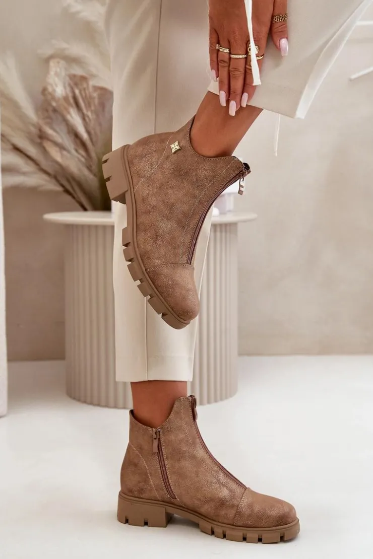 Boto Botki Ocieplane|Botki Płaskie*Ocieplane Botki Damskie Z Przetarciami Eko Skórzane Brązowo-Złote Verietta