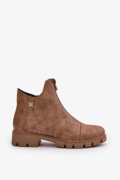 Boto Botki Ocieplane|Botki Płaskie*Ocieplane Botki Damskie Z Przetarciami Eko Skórzane Brązowo-Złote Verietta