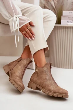 Boto Botki Ocieplane|Botki Płaskie*Ocieplane Botki Damskie Z Przetarciami Eko Skórzane Brązowo-Złote Verietta