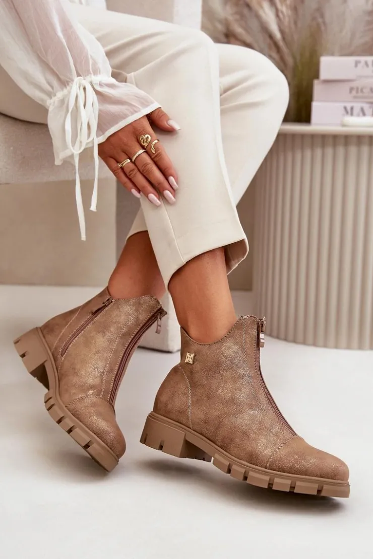 Boto Botki Ocieplane|Botki Płaskie*Ocieplane Botki Damskie Z Przetarciami Eko Skórzane Brązowo-Złote Verietta