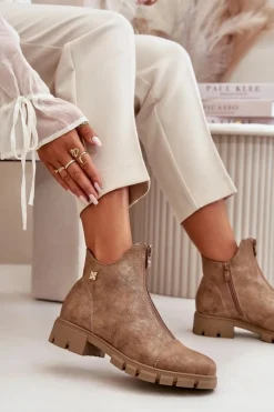 Boto Botki Ocieplane|Botki Płaskie*Ocieplane Botki Damskie Z Przetarciami Eko Skórzane Brązowo-Złote Verietta