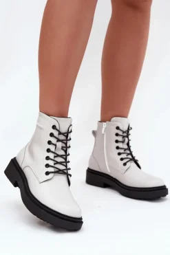 Buty Sergio Leone Botki Ocieplane|Botki Skórzane*Ocieplane Botki Damskie Z Naturalnej Skóry Sergio Leone BT25248-S Białe Biały