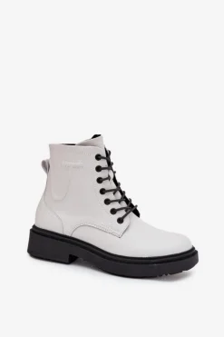 Buty Sergio Leone Botki Ocieplane|Botki Skórzane*Ocieplane Botki Damskie Z Naturalnej Skóry Sergio Leone BT25248-S Białe Biały