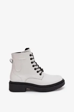 Buty Sergio Leone Botki Ocieplane|Botki Skórzane*Ocieplane Botki Damskie Z Naturalnej Skóry Sergio Leone BT25248-S Białe Biały