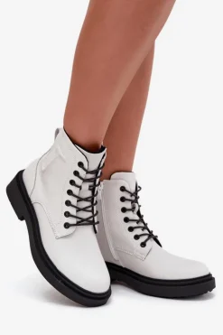 Buty Sergio Leone Botki Ocieplane|Botki Skórzane*Ocieplane Botki Damskie Z Naturalnej Skóry Sergio Leone BT25248-S Białe Biały