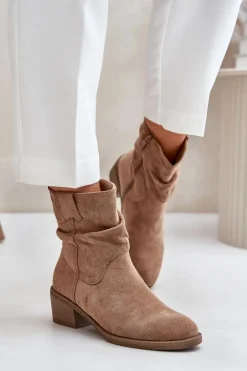 Damskie Boto Ocieplane Botki Damskie Z Marszczoną Cholewką Na Niskim Obcasie Beżowe Zinanya