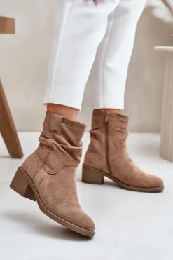 Damskie Boto Ocieplane Botki Damskie Z Marszczoną Cholewką Na Niskim Obcasie Beżowe Zinanya