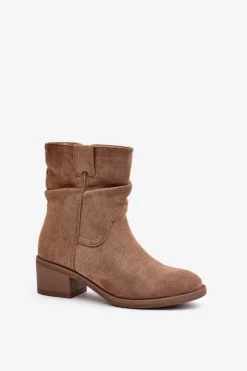 Damskie Boto Ocieplane Botki Damskie Z Marszczoną Cholewką Na Niskim Obcasie Beżowe Zinanya