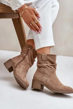 Damskie Boto Ocieplane Botki Damskie Z Marszczoną Cholewką Na Niskim Obcasie Beżowe Zinanya