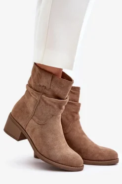 Damskie Boto Ocieplane Botki Damskie Z Marszczoną Cholewką Na Niskim Obcasie Beżowe Zinanya